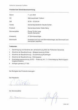 Politische Gemeinde Trüllikon Protokoll der Gemeindeversammlung vom 7. Juni 2023 Politische Gemeinde Trüllikon Protokoll der Gemeindeversammlung