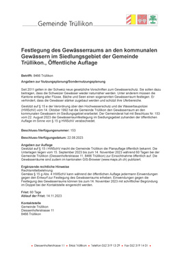 Festlegung Gewässerraum; öffentliche_Auflage Festlegung des Gewässerraums an den kommunalen Gewässern im Siedlungsgebiet der Gemeinde Trüllikon