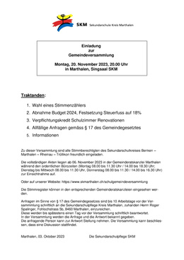 20231003 SKM Sekundarschule Kreis Marthalen Gemeindeversammlung 20.11.2023 Aushang Einladung zur Gemeindeversammlung SKM Sekundarschule Kreis Marthalen