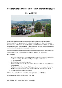 20250330 Seniorenverein Trüllikon Seniorenausfahrt 21. Mai 2025 Flyer Rebenbummlerfahrt Klettgau