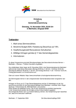 Gemeindeversammlung 19.11.2024, Aushang Einladung zur Gemeindeversammlung SKM Sekundarschule Kreis Marthalen