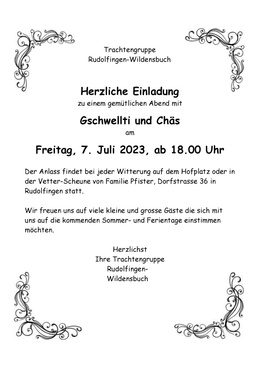 Trachtengruppe Einladung Gschwellti und Chäs 7. Juli 2023 Einladung Trachtengruppe