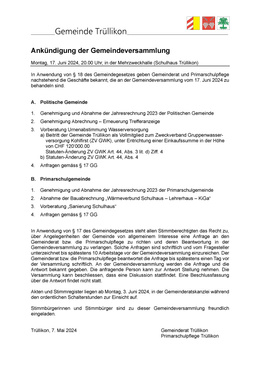 Ankündigung der Gemeindeversammlung vom 17. Juni 2024 Ankündigung der Gemeindeversammlung