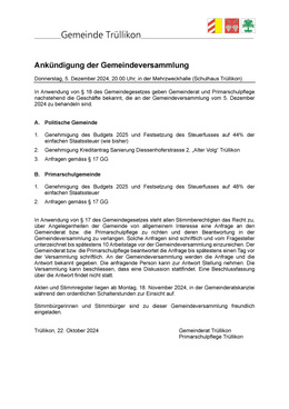Ankündigung Gemeindeversammlung 05.12.2024 Ankündigung der Gemeindeversammlung
