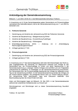 Ankündigung der Gemeindeversammlung vom 7. Juni 2023 Ankündigung der Gemeindeversammlung