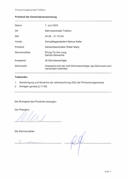Primarschulgemeinde Trüllikon Protokoll der Gemeindeversammlung vom 7. Juni 2023 Primarschulgemeinde Trüllikon Protokoll der Gemeindeversammlung