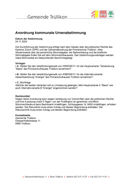 Anordnung kommunale Urnenabstimmung vom 24. November 2024 Anordnung kommunale Urnenabstimmung vom 24.11.2024