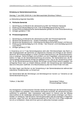 Einladung zur Gemeindeversammlung vom 7. Juni 2022 Einladung zur Gemeindeversammlung