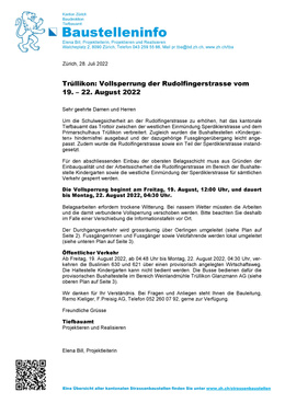 Trüllikon - Vollsperrung Rudolfingerstrasse - 19.-22.8.2022 Vollsperrung Rudolfingerstrasse