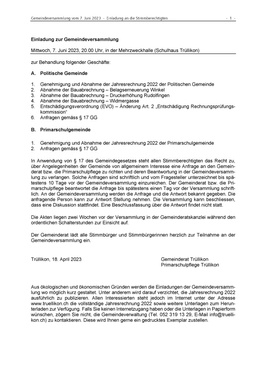 Einladung zur Gemeindeversammlung vom 7. Juni 2023 Einladung zur Gemeindeversammlung