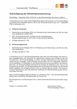 Ankündigung der Gemeindeversammlung vom 7. Dezember 2023 Ankündigung der Gemeindeversammlung vom 7. Dezember 2023
