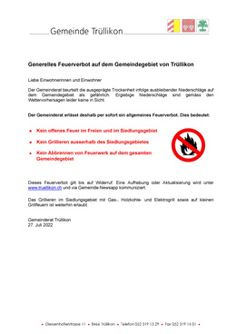 Feuerverbot Gemeindegebiet Trüllikon Generelles Feuerverbot