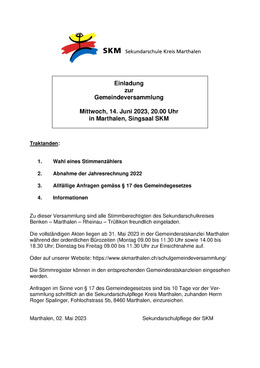 Gemeindeversammlung 14. Juni 2023 Aushang Einladung zur Gemeindeversammlung