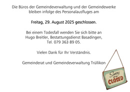 Gemeindeverwaltung geschlossen Personalausflug Freitag, 29.08.2025 Flyer